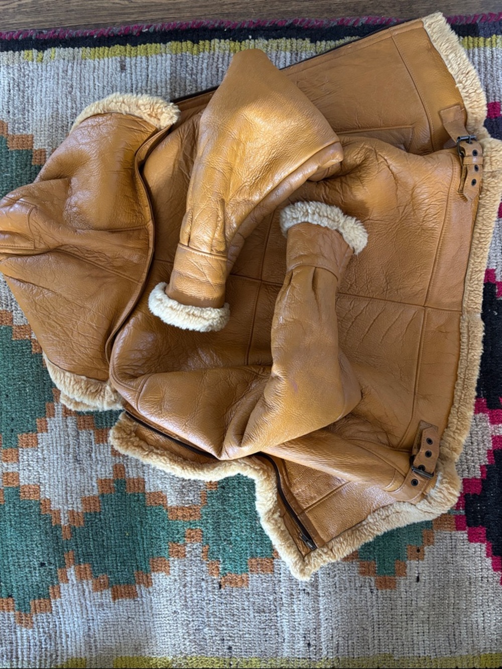 Mustard Shearling-Lined Leather Hooded Jacket - Picture 6 of 7